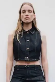 Zara Blue Denim Sleeveless Button Down Vest Top Jean Collared Collar Y2K Cotton