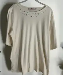 QUACKER FACTORY IVORY WHITE ROUND NECK RHINESTONE SHORT SLEEVE LARGE‎