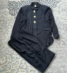 Vintage Reina Two Piece Button Down Top & Pants Set Black 12