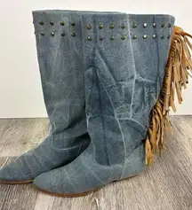 Laredo Vintage  Denim Fringe Cowgirl Boots Size 6.5 Cowgirlcore Cowboy Western