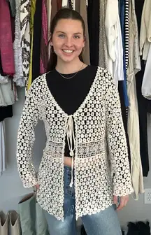 Boho Crochet Tie-Front Cardigan Cream