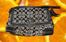 Coach Signature Canvas Brown Shoulder Baguette Leather‎ Purse With Drawstring