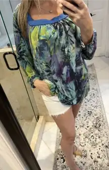 Soft Surroundings Odessa Tunic Blue Tropics Square Neck 3/4 Sleeve 2XL