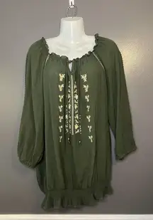 Dressbarn Shirt Womens 1X Olive Green Peasant Boho Embroidered Tassel Tie Top