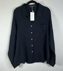 Gauzy Button Up Shirt Black Lightweight Oversized Lagenlook Women's Size Lg NEW