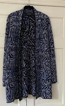 Kasper Blue Black and White Open Front Tunic Length Cardigan Size Large Artsy‎