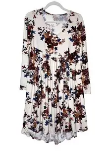 REBORN J Floral Long Sleeve High Low Pleated Midi Dress V-Neck Small Multicolor