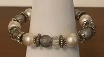 Women's Pink Silver Tone Pearly Rhinestone Beaded Bracelet Glam Western Feminine