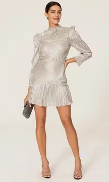 Saylor Saydee Silver Metallic Plisse Jacquard Mock Neck Party Mini Dress Size XS