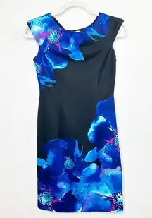 Maggy London Black Blue Floral Stretchy Cap Sleeve Casual Midi Dress Size 0