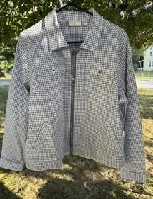 Belle Kim Gravel Jacket Sz L Blue And White Gingham Checkered Zip NWOT