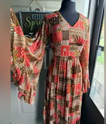 Vintage 70s orange patchwork floral boho bell sleeve tie maxi dress, size medium