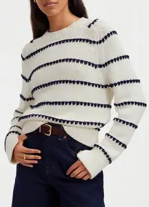 Madewell Stripe Textured Cotton Sweater Bright Ivory Navy Size XS NWT Crewneck