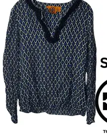 Tory Burch Navy and Cream Patterned Blouse