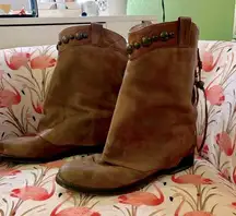 Free People brown leather boots sz 7 with studs and tassel detail, slightly worn