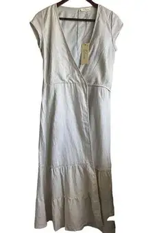 Elan Women Linen Maxi Dress S Ivory Natural V-Neck Tie Wrap Closure Neutral NWT