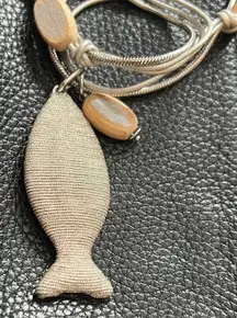 Chico's Silver and wood  Fish Pendant Necklace with 30 inch chain and leather