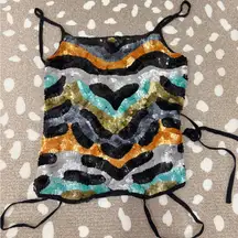 Vintage y2k Caché silk sequined top laceup open back beaded embellish tank cami