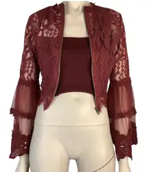 Romantic Seek the Label Burgundy Tiered Boho Bell Sleeve Lace Goth Grunge Top XS