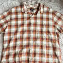 Men's Can Heusen Orange/Green/Cream Plaid Button Up Collared Short Sleeve