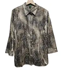 Lauren Ralph Lauren Womens Button Up Shirt 1X Brown Snake Animal Print Cotton
