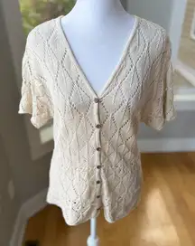Vintage 90s GAP Ivory Cream Crochet Linen Cotton V Neck Short Sleeve Sweater M