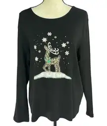 Karen Scott  Petite Small Top Holiday Christmas Long Sleeve Reindeer Snowflakes