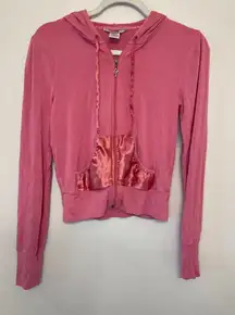 Guess Y2K Vintage Pink Zip‎ Up Hoodie with Rhinestones Silky Pockets Size S