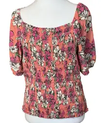 Mason & Belle Floral Smocked Shirt XL Cottagecore Orange Pink Flower Garden