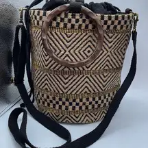 World Market Aztec print burlap and cotton bucket crossbody bag.