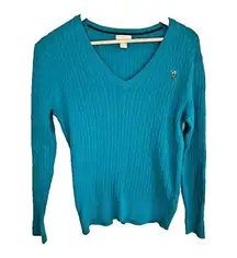 US Polo Assn Womens Long Sleeve Pullover Cable Knit Sweater Teal M V-Neck Pony