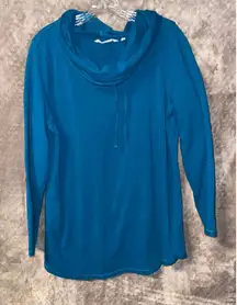 Soft surroundings women’s blue cowl neck tunic long sleeve sweater roll tab Larg