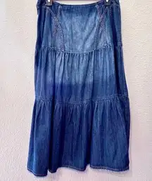 Bandolino  Blue Denim Prairie Ruffle Midi Skirt Sz 8 Stitching Detail