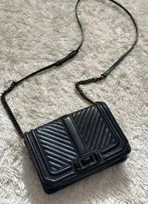 Rebecca Minkoff Chevron Quilted Love Crossbody Leather Purse Bag Black