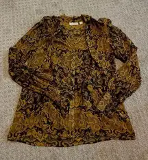 Hinge Camel Brown & Black Floral Silk Button Down Blouse S