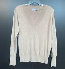 White + Warren Deep V Neck L/S Cotton Silk Blend Seam Detail Sweater Oatmeal S