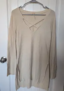 FREE PEOPLE Knit Tunic Sweater Longline Cream Hi/Low Split Hem Bell Sleeve Sm