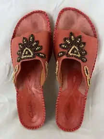 Clarks Artisan slip on wedge sandals beaded 8M coral southwest red festival