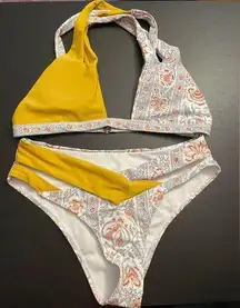 SheIn  Cross Split Strap Two Piece Bikini Yellow Floral Colorblock Women’s Size M