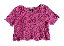 Vintage Pink Floral Open Knit Cropped Top Short Sleeve Women's Medium