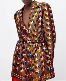 Zara NWT Satin Orange Printed Belted Blazer