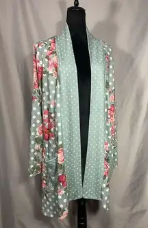 LILY by Firmiana Mint Green Pink White Polka Dot Roses Long Sleeve Cardigan 1XL