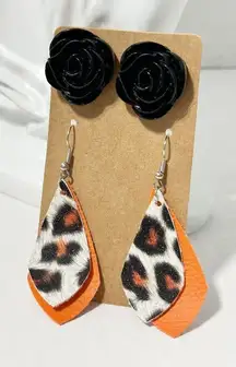 Leopard Print Vegan Leather Dangle & Rose Stud Earrings‎ Orange & Black 2 Pairs