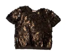 Other Stories Black Sequin Fringe Knit Sweater Top Short Sleeve Crew Neck size M