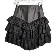 Chia Edgy Vintage Y2K Black Leather & Lace Tiered Ruffle Mini Skirt S TINY FLAW