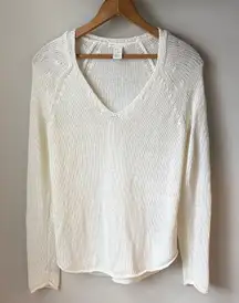H&M Relaxed White Fine Knit V Neck Lightweight Long Sleeve Pullover Sweater