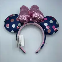 Disney Parks Minne Mouse Blue Polka Dot Mouse Ears Headband Pink Glitter