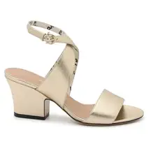 SALVATORE FERRAGAMO SHEENA METALLIC GOLD LEATHER ANKLE STRAP SANDALS SIZE US 6