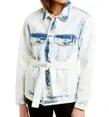 NWT  Acid Wash Denim Tie-Dye Jean Jacket Blue White Belted Oversized sz M