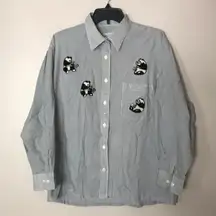 Get lucky button up striped long sleeve shirt with pandas embroidered large